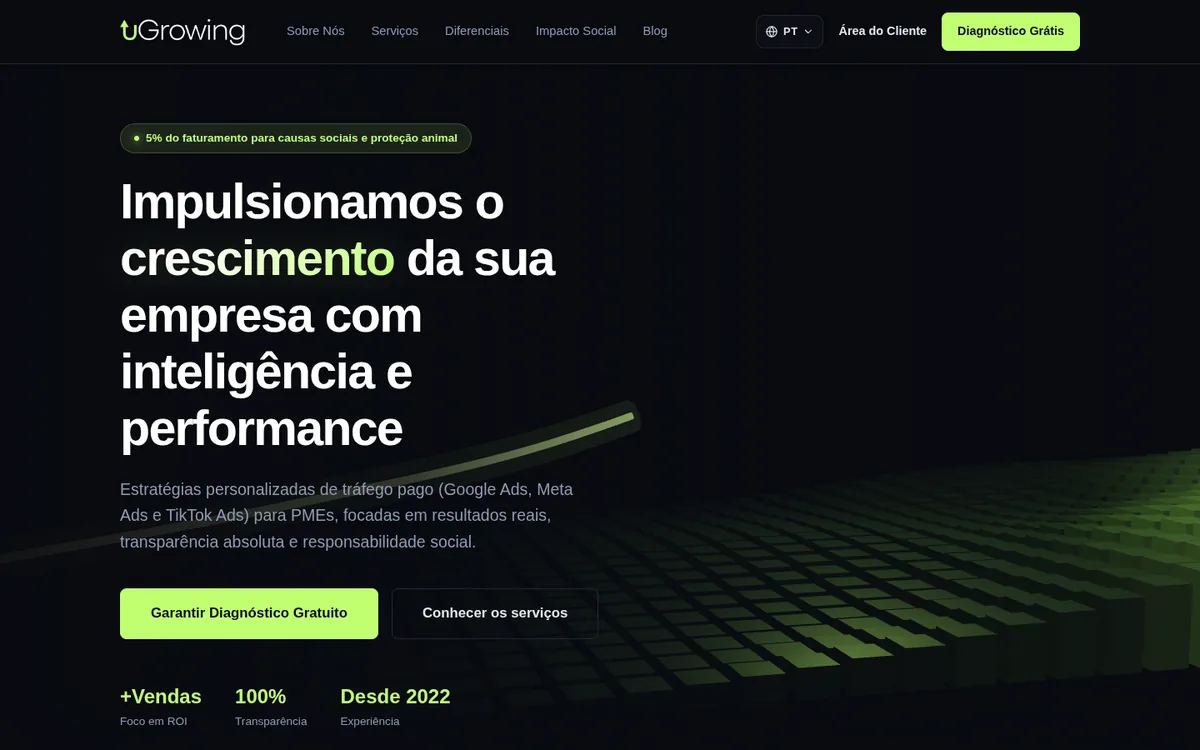 Página inicial do site da uGrowing no computador